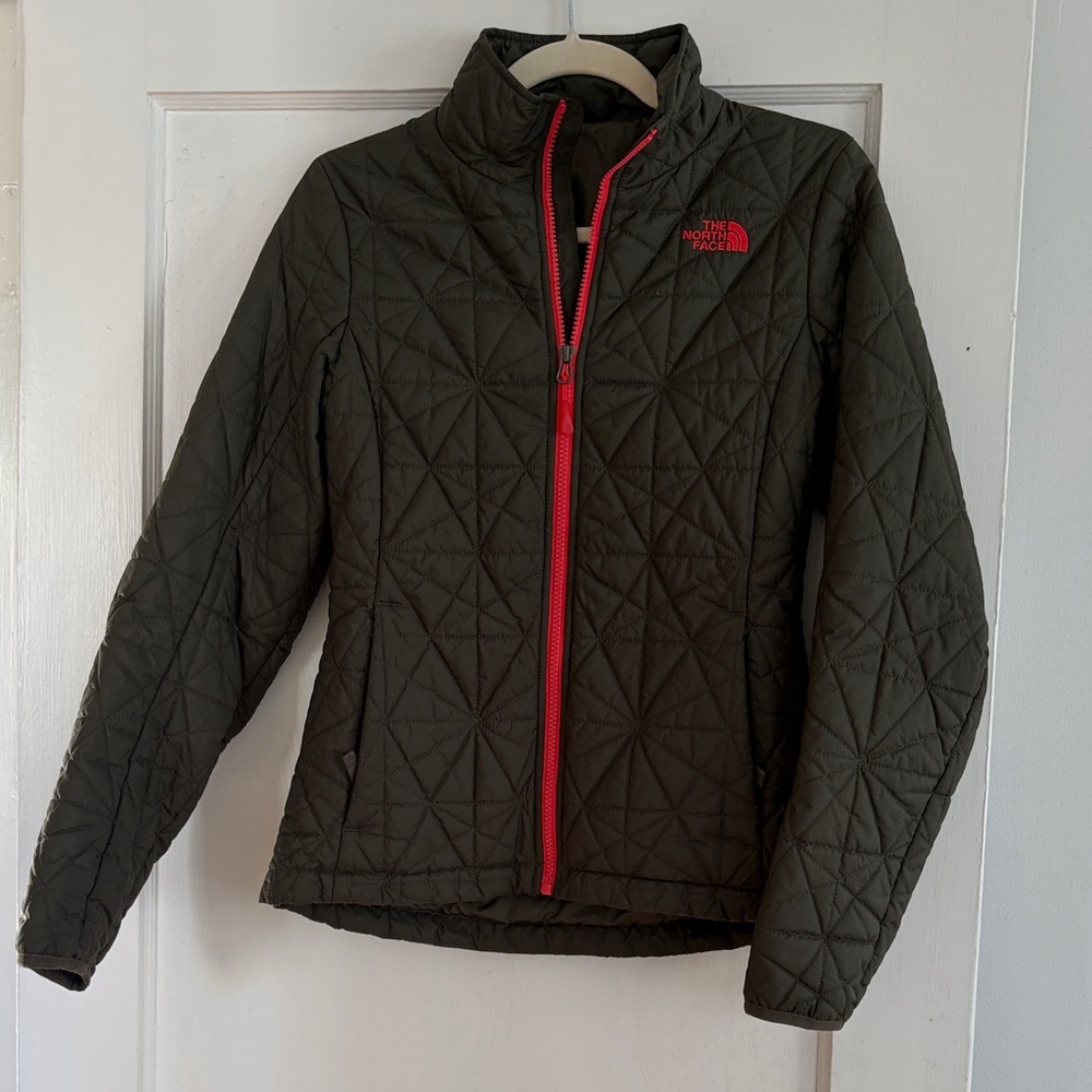 The North Face Olive Quilted Jacket with Pink Trim
